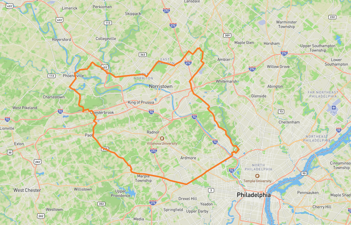 Sample motorcycle route through Philadelphia suburbs